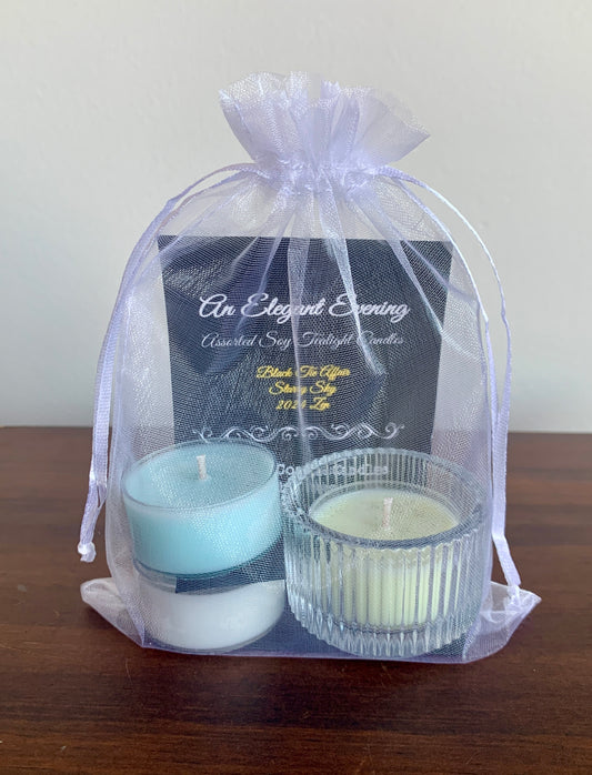 An Elegant Evening Gift Bag - 3-Count Assorted Tealights & Glass Holder